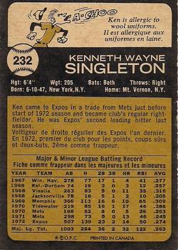 1973 O-Pee-Chee #232 Ken Singleton Back