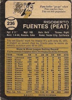 1973 O-Pee-Chee #236 Tito Fuentes Back