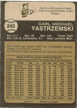1973 O-Pee-Chee #245 Carl Yastrzemski Back