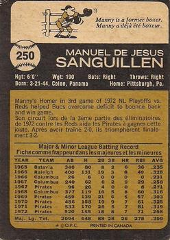 1973 O-Pee-Chee #250 Manny Sanguillen Back