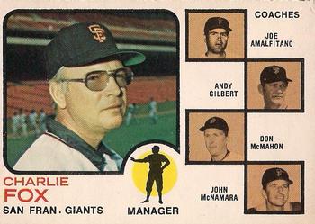 1973 O-Pee-Chee #252 Giants Field Leaders (Charlie Fox / Joe Amalfitano / Andy Gilbert / Don McMahon / John McNamara) Front