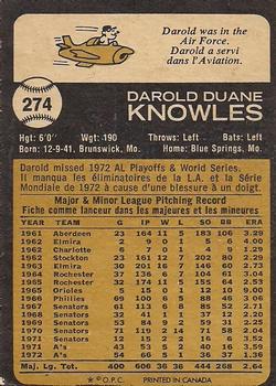1973 O-Pee-Chee #274 Darold Knowles Back