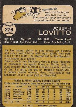 1973 O-Pee-Chee #276 Joe Lovitto Back