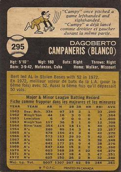 1973 O-Pee-Chee #295 Bert Campaneris Back