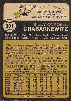1973 O-Pee-Chee #301 Billy Grabarkewitz Back
