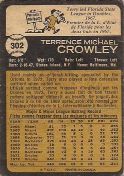 1973 O-Pee-Chee #302 Terry Crowley Back