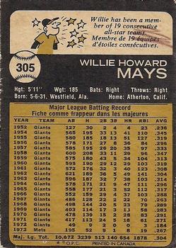 1973 O-Pee-Chee #305 Willie Mays Back