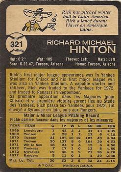 1973 O-Pee-Chee #321 Rich Hinton Back