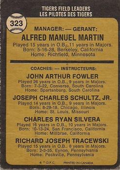 1973 O-Pee-Chee #323 Tigers Field Leaders (Billy Martin / Art Fowler / Joe Schultz / Charlie Silvera / Dick Tracewski) Back