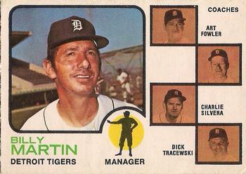 1973 O-Pee-Chee #323 Tigers Field Leaders (Billy Martin / Art Fowler / Joe Schultz / Charlie Silvera / Dick Tracewski) Front
