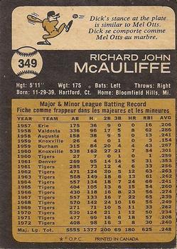 1973 O-Pee-Chee #349 Dick McAuliffe Back
