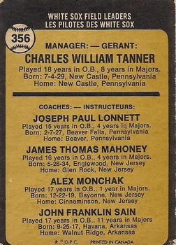 1973 O-Pee-Chee #356 White Sox Field Leaders (Chuck Tanner / Joe Lonnett / Jim Mahoney / Alex Monchak / Johnny Sain) Back