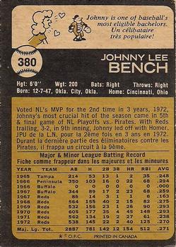 1973 O-Pee-Chee #380 Johnny Bench Back