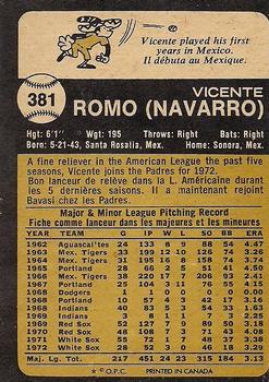1973 O-Pee-Chee #381 Vicente Romo Back