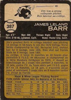 1973 O-Pee-Chee #387 Jim Barr Back
