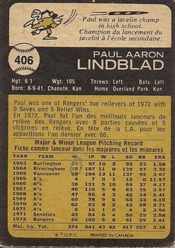 1973 O-Pee-Chee #406 Paul Lindblad Back