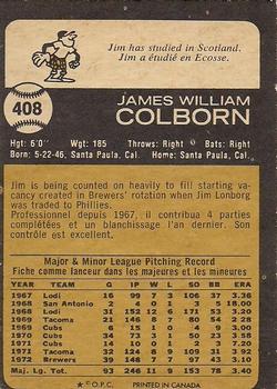 1973 O-Pee-Chee #408 Jim Colborn Back
