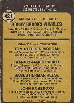 1973 O-Pee-Chee #421 Angels Field Leaders (Bobby Winkles / Tom Morgan / Salty Parker / Jimmie Reese / John Roseboro) Back