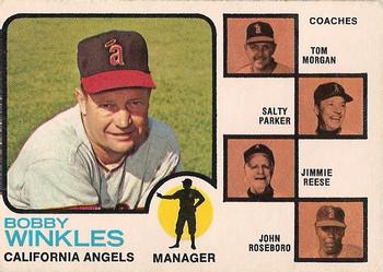 1973 O-Pee-Chee #421 Angels Field Leaders (Bobby Winkles / Tom Morgan / Salty Parker / Jimmie Reese / John Roseboro) Front