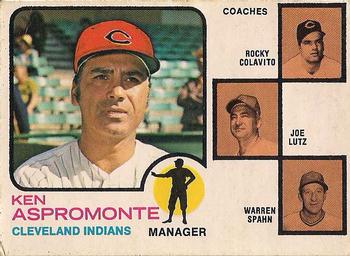 1973 O-Pee-Chee #449 Indians Field Leaders (Ken Aspromonte / Rocky Colavito / Joe Lutz / Warren Spahn) Front