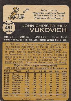1973 O-Pee-Chee #451 John Vukovich Back