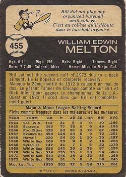 1973 O-Pee-Chee #455 Bill Melton Back
