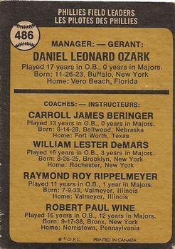 1973 O-Pee-Chee #486 Phillies Field Leaders (Danny Ozark / Carroll Beringer / Billy de Mars / Ray Rippelmeyer / Bobby Wine) Back