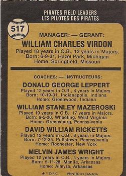 1973 O-Pee-Chee #517 Pirates Field Leaders (Bill Virdon / Don Leppert / Bill Mazeroski / Dave Ricketts / Mel Wright) Back