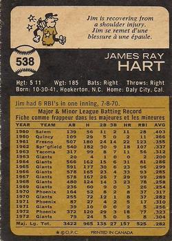 1973 O-Pee-Chee #538 Jim Hart Back