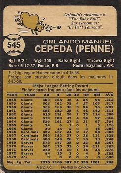 1973 O-Pee-Chee #545 Orlando Cepeda Back