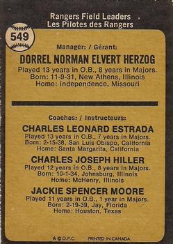 1973 O-Pee-Chee #549 Rangers Field Leaders (Whitey Herzog / Chuck Estrada / Chuck Hiller / Jackie Moore) Back