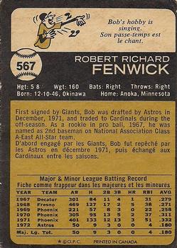 1973 O-Pee-Chee #567 Bob Fenwick Back