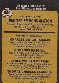 1973 O-Pee-Chee #569 Dodgers Field Leaders (Walt Alston / Red Adams / Monty Basgall / Jim Gilliam / Tom Lasorda) Back
