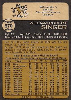 1973 O-Pee-Chee #570 Bill Singer Back