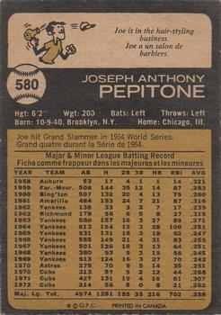 1973 O-Pee-Chee #580 Joe Pepitone Back