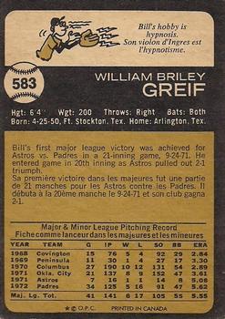 1973 O-Pee-Chee #583 Bill Greif Back
