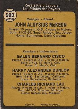 1973 O-Pee-Chee #593 Royals Field Leaders (Jack McKeon / Galen Cisco / Harry Dunlop / Charlie Lau) Back