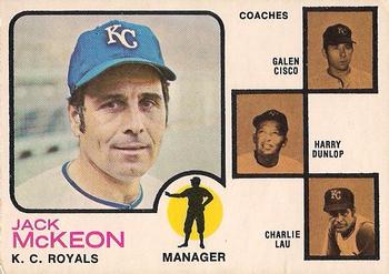 1973 O-Pee-Chee #593 Royals Field Leaders (Jack McKeon / Galen Cisco / Harry Dunlop / Charlie Lau) Front