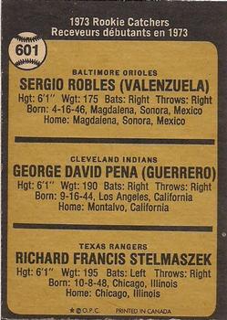 1973 O-Pee-Chee #601 1973 Rookie Catchers (Sergio Robles / George Pena / Rick Stelmaszek) Back