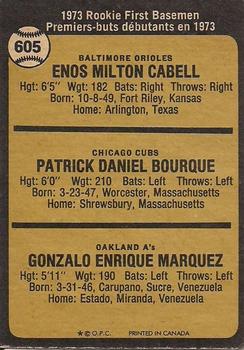 1973 O-Pee-Chee #605 1973 Rookie First Basemen (Enos Cabell / Pat Bourque / Gonzalo Marquez) Back