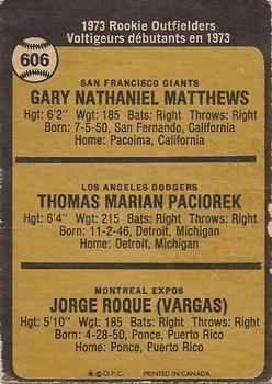 1973 O-Pee-Chee #606 1973 Rookie Outfielders (Gary Matthews / Tom Paciorek / Jorge Roque) Back
