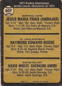 1973 O-Pee-Chee #607 1973 Rookie Shortstops (Pepe Frias / Ray Busse / Mario Guerrero) Back