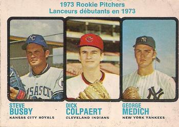 1973 O-Pee-Chee #608 1973 Rookie Pitchers (Steve Busby / Dick Colpaert / George Medich) Front