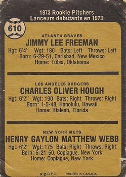 1973 O-Pee-Chee #610 1973 Rookie Pitchers (Jimmy Freeman / Charlie Hough / Hank Webb) Back