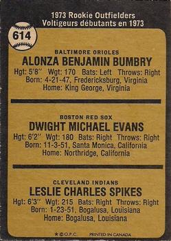 1973 O-Pee-Chee #614 1973 Rookie Outfielders (Alonza Bumbry / Dwight Evans / Charlie Spikes) Back