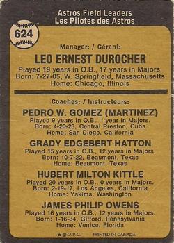 1973 O-Pee-Chee #624 Astros Field Leaders (Leo Durocher / Preston Gomez / Grady Hatton / Hub Kittle / Jim Owens) Back