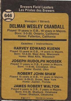 1973 O-Pee-Chee #646 Brewers Field Leaders (Del Crandall / Harvey Kuenn / Joe Nossek / Bob Shaw / Jim Walton) Back