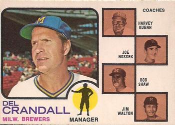 1973 O-Pee-Chee #646 Brewers Field Leaders (Del Crandall / Harvey Kuenn / Joe Nossek / Bob Shaw / Jim Walton) Front