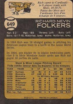 1973 O-Pee-Chee #649 Rich Folkers Back