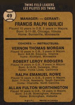1973 O-Pee-Chee #49 Twins Field Leaders (Frank Quilici / Vern Morgan / Bob Rodgers / Ralph Rowe / Al Worthington) Back